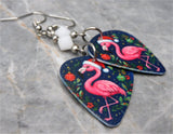 Christmas Flamingo Guitar Pick Earrings with White Swarovski Crystals
