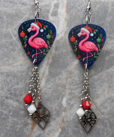 Christmas Flamingo Guitar Pick Earrings with Stainless Steel Ornaments and Swarovski Crystal Dangles