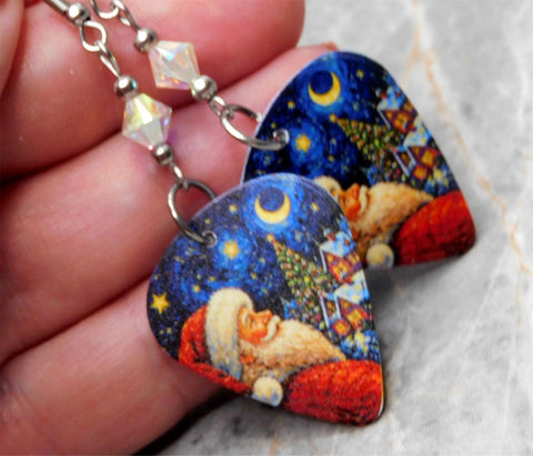 Santa Claus And The Quarter Moon Guitar Pick Earrings with Clear ABx2 Swarovski Crystals
