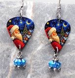 Santa Claus And The Quarter Moon Guitar Pick Earrings with Blue ABx2 Swarovski Crystal Dangles