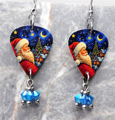 Santa Claus And The Quarter Moon Guitar Pick Earrings with Blue ABx2 Swarovski Crystal Dangles
