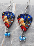 Santa Claus And The Quarter Moon Guitar Pick Earrings with Blue ABx2 Swarovski Crystal Dangles