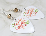 Merry Christmas Guitar Pick Earrings with Metallic Gold Swarovski Crystals