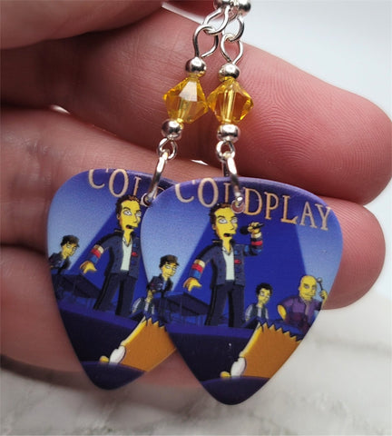 Coldplay on The Simpsons Guitar Pick Earrings with Yellow Swarovski Crystals