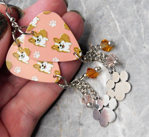 Corgis and Paw Prints Guitar Pick Earrings with Paw Print Stainless Steel Charms and Swarovski Crystal Dangles
