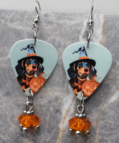 Halloween Dachshund Guitar Pick Earrings with Orange Swarovski Crystal Dangles