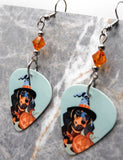 Halloween Dachshund Guitar Pick Earrings with Orange Swarovski Crystals