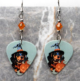 Halloween Dachshund Guitar Pick Earrings with Orange Swarovski Crystals