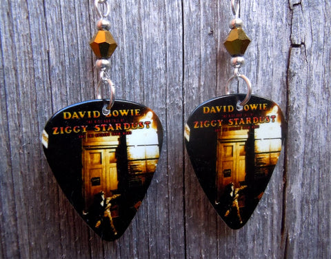 David Bowie Ziggy Stardust Guitar Pick Earrings with Gold Swarovski Crystals