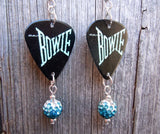 David Bowie Guitar Pick Earrings with Teal Ombre Pave Bead Dangles