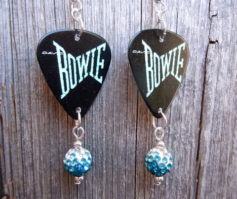 David Bowie Guitar Pick Earrings with Teal Ombre Pave Bead Dangles