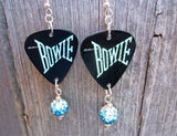 David Bowie Guitar Pick Earrings with Teal Ombre Pave Bead Dangles