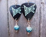 David Bowie Guitar Pick Earrings with Teal Ombre Pave Bead Dangles