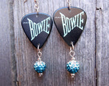 David Bowie Guitar Pick Earrings with Teal Ombre Pave Bead Dangles