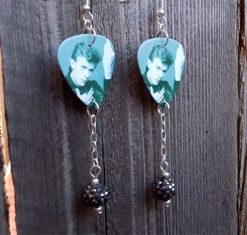 David Bowie Heroes Guitar Pick Earrings with Pewter Pave Bead Dangles