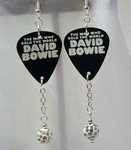 David Bowie The Man Who Sold The World Guitar Pick Earrings with White Pave Bead Dangles