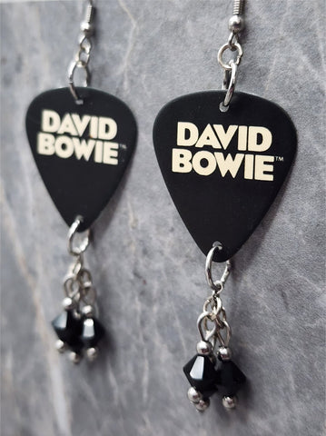 David Bowie Guitar Pick Earrings with Black Swarovski Crystal Dangles