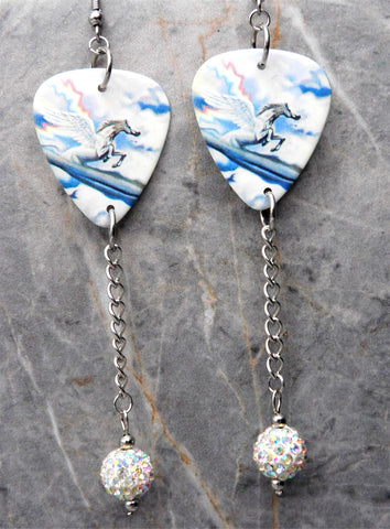 Deep Purple Stormbringer Guitar Pick Earrings with White AB Pave Bead Dangles