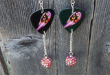 Deep Purple Fireball Guitar Pick Earrings with Fuchsia ABx2 Pave Bead Dangles