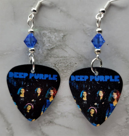 Deep Purple Guitar Pick Earrings with Blue Swarovski Crystals