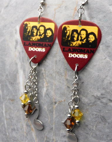 The Doors LA Woman Guitar Pick Earrings with Stainless Steel Music Note Charms and Swarovski Crystal Dangles