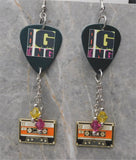 Duran Duran Big Thing Guitar Pick Earrings with Cassette Tape Charm and Swarovski Crystal Dangles