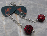 Duran Duran Danse Macabre Guitar Pick Earrings with Red Pave Bead Dangles