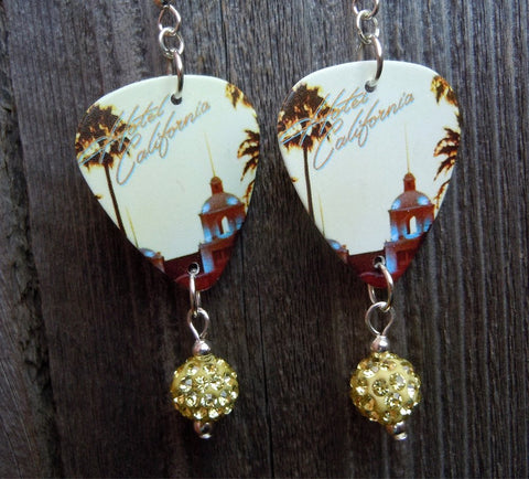 Eagles Hotel California Guitar Pick Earrings with Yellow Pave Bead Dangles
