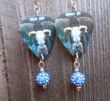 Eagles One of These Nights Guitar Pick Earrings with Blue Pave Bead Dangles