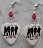 Eagles Group Picture Guitar Pick Earrings with Red Swarovski Crystals