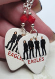 Eagles Group Picture Guitar Pick Earrings with Red Swarovski Crystals