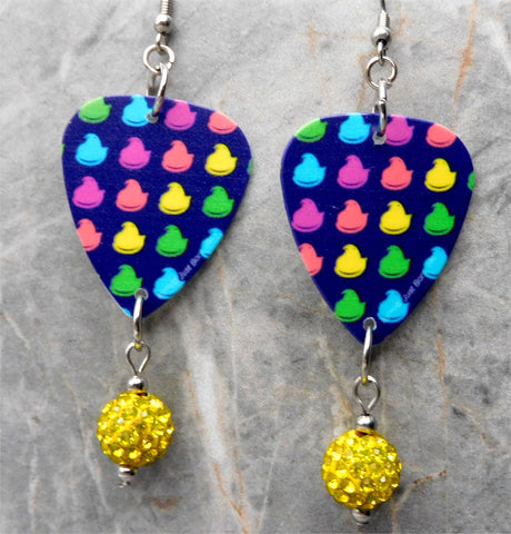 Colored Peeps Guitar Pick Earrings with Yellow Pave Bead Dangles