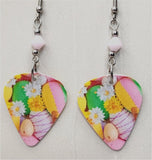 Brightly Colored Easter Eggs Guitar Pick Earrings with Pink Alabaster Swarovski Crystals