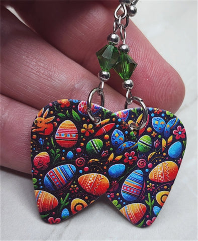 Colorful Easter Eggs Guitar Pick Earrings with Green Swarovski Crystals