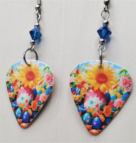 Spring Flowers and Easter Eggs Guitar Pick Earrings with Capri Blue AB Swarovski Crystals