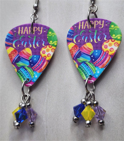 Happy Easter and Easter Eggs Guitar Pick Earrings with Swarovski Crystal Dangles