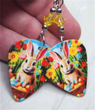 Easter Bunnies, Spring Flowers and Easter Eggs Guitar Pick Earrings with Yellow Swarovski Crystals