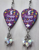 Happy Easter and Easter Bunnies and Eggs Guitar Pick Earrings with Opal AB Swarovski Crystal Dangles