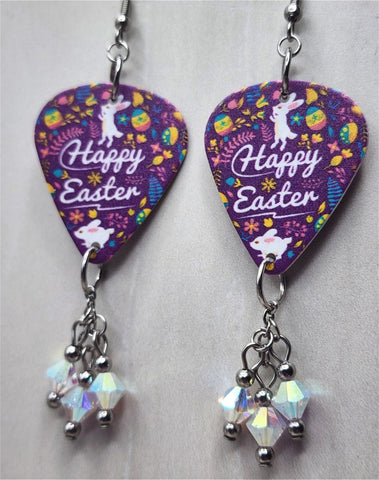 Happy Easter and Easter Bunnies and Eggs Guitar Pick Earrings with Opal AB Swarovski Crystal Dangles