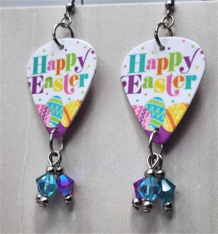 Happy Easter and Eggs Guitar Pick Earrings with Swarovski Crystal Dangles