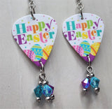 Happy Easter and Eggs Guitar Pick Earrings with Swarovski Crystal Dangles