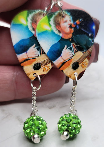 Ed Sheeran Guitar Pick Earrings with Green Pave Bead Dangles