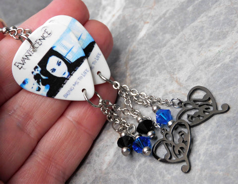Evanescence Bring Me to Life Guitar Pick Earrings with Stainless Steel Heart Charms and Swarovski Crystal Dangles