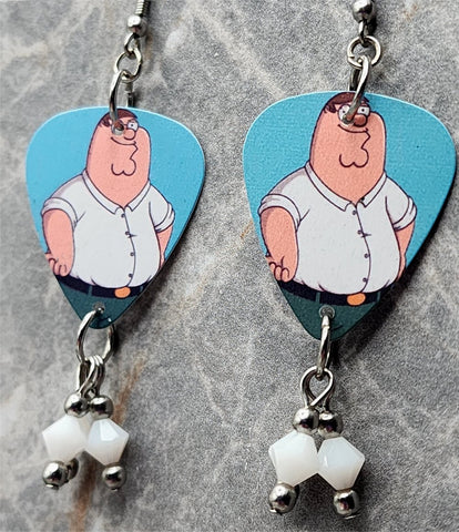 Family Guy Peter Griffin Guitar Pick Earrings with White Swarovski Crystal Dangles