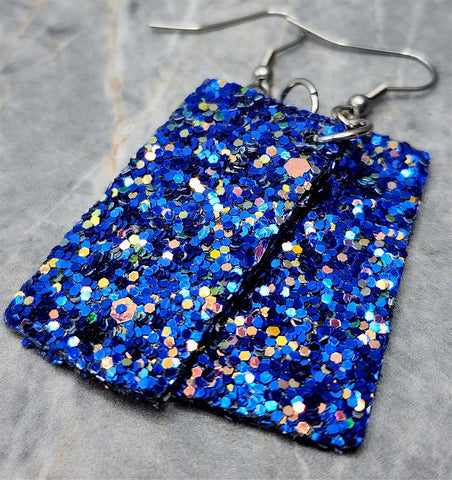Blue Glitter Very Sparkly Double Sided FAUX Leather Rectangular Earrings with Color Shifting Chunky Glitter