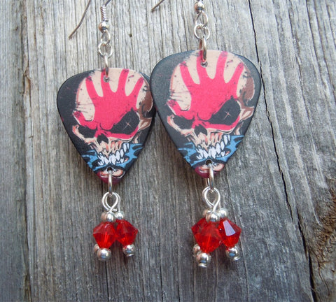 Five Finger Death Punch Guitar Pick Earrings with Red Swarovski Crystal Dangles