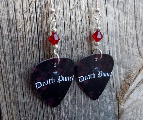 Five Finger Death Punch Guitar Pick Earrings with Red Swarovski Crystals