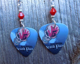 Five Finger Death Punch Guitar Pick Earrings with Opaque Red Swarovski Crystals