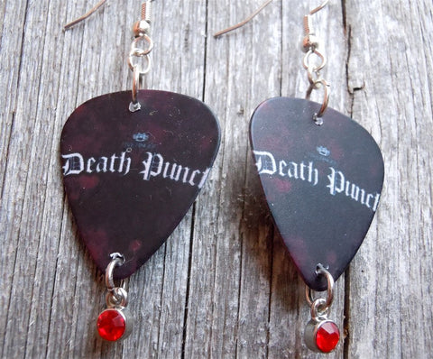 Five Finger Death Punch Guitar Pick Earrings with Red Crystal Charm Dangles