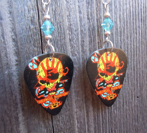 Five Finger Death Punch Knucklehead Guitar Pick Earrings with Transparent Turquoise Swarovski Crystals